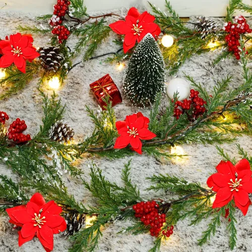 Vista 5 de DR.DUDU Guirnalda de Navidad artificial preiluminada de 9 pies con 30 luces LED, alimentada por baterías con conos de pino, bayas rojas, agujas