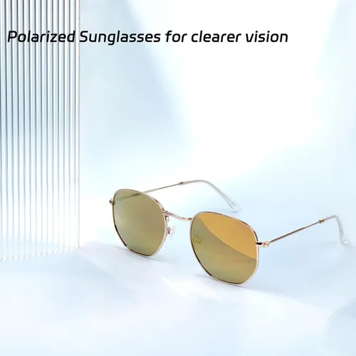Vista 3 de Yaserra Lentes de sol hexagonales polarizados cuadrados pequeños con lente espejada, protección UV400, marco de metal para hombres y mujeres