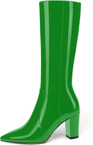 Vista 163 de AMBELIGHT Botas altas hasta la rodilla con cremallera y puntera puntiaguda para mujer, de patente sólida, tacón alto, 3.3 pulgadas