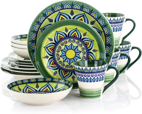 Vista 8 de Elama Zen Blue Mozaik - Juego de vajilla redonda multicolor con diseño de mandala, 16 piezas Azul