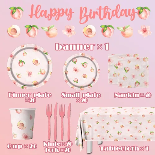 Vista 4 de Suministros para fiesta de cumpleaños de frutas de melocotón, juego de vajilla con temática de cumpleaños de 142 piezas, incluye platos de melocotón