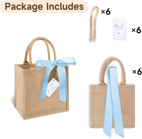 Vista 3 de Paquete de 6 bolsas de arpillera con asas reutilizables, mini bolsas de regalo de yute con cintas de seda azules, forro impermeable para bodas