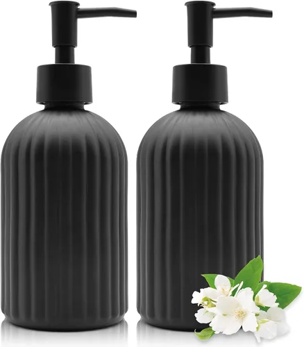Vista 11 de Paquete de 2 dispensadores de jabón de vidrio con bomba, dispensador de jabón líquido de 13.5 fl oz para lavar líquido, champú y loción, dispensador