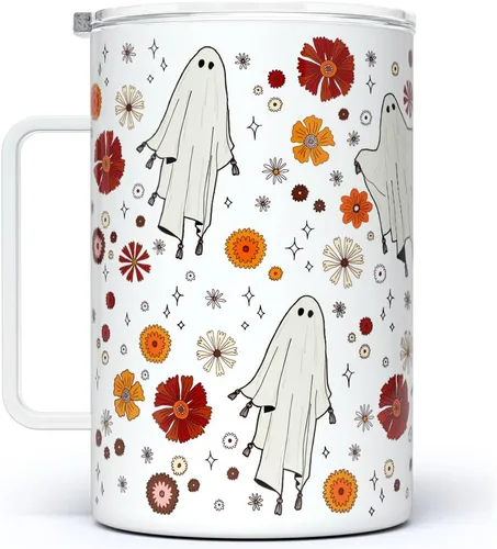 Vista 5 de Taza de café de viaje aislada de Halloween retro con tapa, taza espeluznante de otoño (12 onzas)