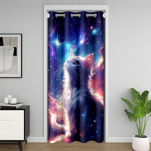 Vista 27 de Manfei Bonita cortina de puerta de gato negro Kawaii para puerta de armario, cortinas opacas con temática de animales estrellados, cortina opaca