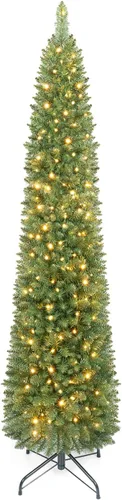 Vista 22 de GOFLAME - Árbol de Navidad artificial de 6 pies con luces LED blancas cálidas preiluminadas, árbol de Navidad con flecos de nieve, 435 puntas