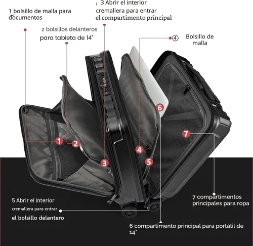Vista 2 de TydeCkare Equipaje de mano de 16" con 2 compartimentos para portátil, Negro, 16 pulg., Negocios