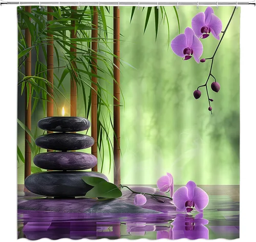 Vista 16 de Cortina de ducha pequeña, spa con hojas de piedra de agua, jardín, japonés, asiático, naturaleza, negro, blanco, verde, RV, baño, decoración