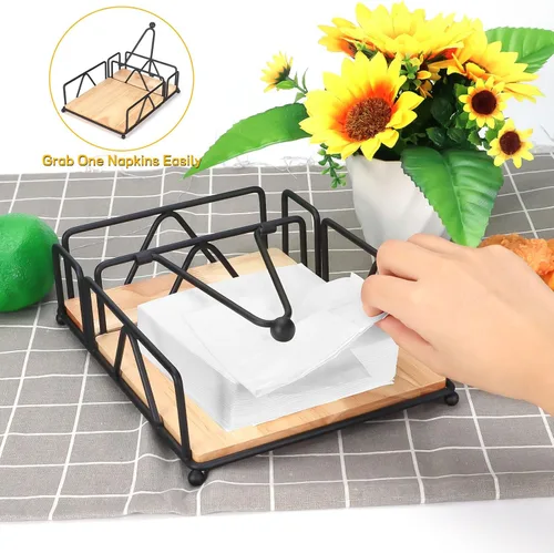 Vista 7 de Servilleteros para servilletas de papel, servilletero plano con base de madera, cesta de servilletas de acero inoxidable negro para cocina, fiesta
