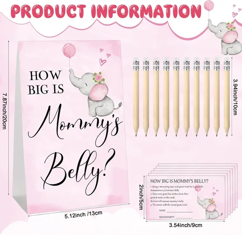 Vista 15 de Sabary 64 Piezas Juegos de Baby Shower Incluyen Letrero How Big is Mommy's Belly Sign Measure Bump Game 50 Tarjetas 10 Lápices 3 Cintas Métricas
