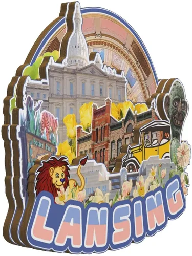 Vista 2 de Lansing - Imán de madera para nevera, diseño de Michigan, Estados Unidos, 3118