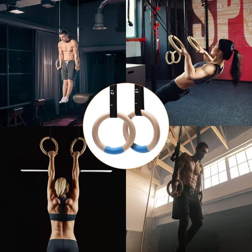 Vista 8 de PACEARTH Anillos olímpicos de madera para gimnasia de 1500/1000 libras con hebilla de leva ajustable de 14.76 pies/9 pies de largo, correas