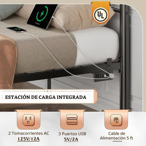 Vista 4 de WLIVE Marcos de Cama Queen, Marco de Cama Queen con Cabecero, Marco de Cama Tamaño Queen con Luces LED y Estación de Carga, No Requiere Somier