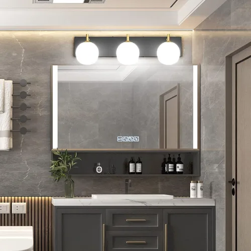 Vista 5 de Aipsun Lámpara de tocador de baño moderna de mediados de siglo, 3 luces, pantallas de vidrio blanco lechoso, lámpara de baño negro/dorado