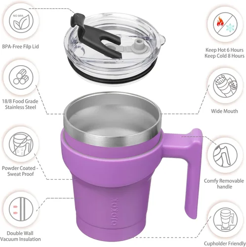 Vista 2 de BJPKPK - Vaso de 10 onzas con asa, vaso aislado con tapa y pajilla de acero inoxidable, taza de viaje para café, color lavanda
