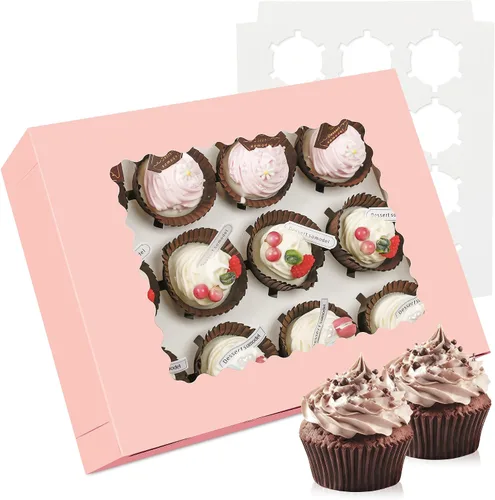 Vista 12 de Juego de 3 cajas para cupcakes a granel con ventana transparente para 12 cupcakes estándar, contenedor desechable de grado alimenticio azul