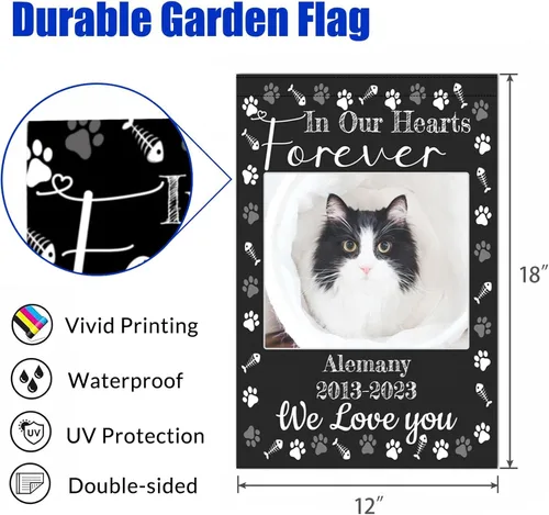 Vista 6 de Bandera conmemorativa personalizada, banderas de jardín personalizadas para mascotas y gatos, en memoria amorosa con nombre y foto, fecha para patio