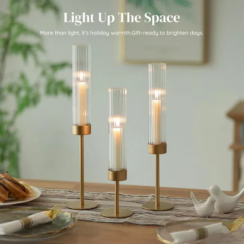 Vista 7 de Candelabros cónicos dorados de huracán: 3 portavelas de latón Glasseam con tapa cilíndrica de vidrio acanalada, candelabros altos estriados