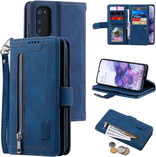 Vista 10 de UEEBAI Funda tipo cartera para Samsung Galaxy S20 FE 5G, Retro 9 ranuras para tarjetero, bolsillo con cremallera, cierre magnético, función atril