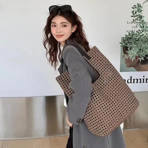 Vista 2 de JINMANXUE Bolso de mano tejido de satén de cuero para mujer, bolso hueco hacia fuera, 2 piezas, bolso de hombro femenino, bolso de comprador, bolso