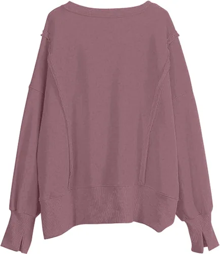 Vista 4 de Blusas y camisas con botones, sudadera de gran tamaño con cuello redondo y color liso, con abertura lateral, manga larga