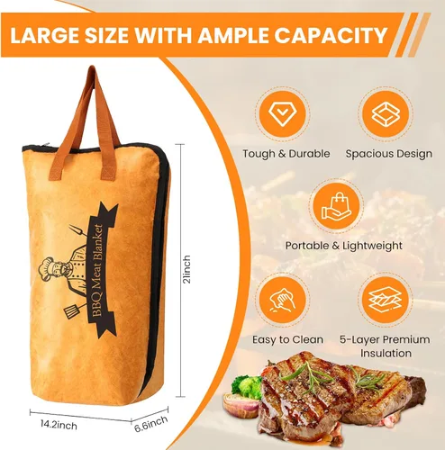 Vista 2 de Manta de barbacoa de 21 pulgadas para descansar carne, bolsa reutilizable a prueba de aceite para ahumar con aislamiento de 5 capas, accesorios