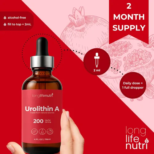 Vista 5 de Suplemento líquido de urolitina A, 200 mg por porción de 0.1 fl oz, botella de 4 onzas líquidas, formulado en EE. UU., Alternativa a la cápsula