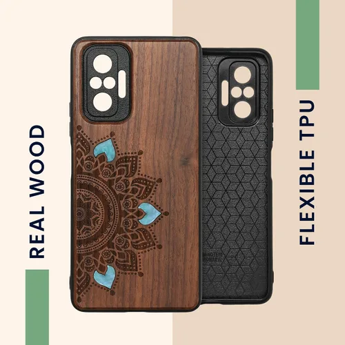 Vista 4 de kwmobile Funda de madera compatible con Xiaomi Redmi Note 10 Pro - Funda - Rising Sun Mother of Pearl Marrón oscuro
