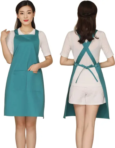 Vista 21 de NEWGEM Delantal 100% algodón con espalda cruzada para mujer con 2 bolsillos, correas de botón ajustables, sin dolor de cuello, delantal de chef