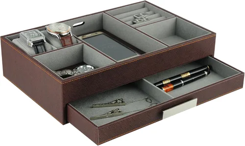 Vista 2 de Bandeja de valet de cuero sintético marrón para escritorio, cajón, estación de carga, estuche para monedas, llaves, teléfono, joyas, relojes