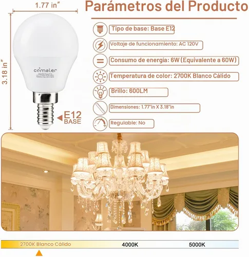 Vista 2 de comzler Bombillas LED A15 equivalentes a 60 W, blanco cálido 2700 K, bombilla redonda LED de base pequeña E12 para ventilador de techo,