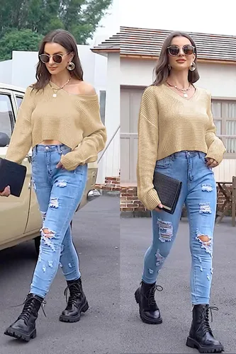 Vista 4 de Jumppmile Suéter corto de manga larga con cuello en V para mujer