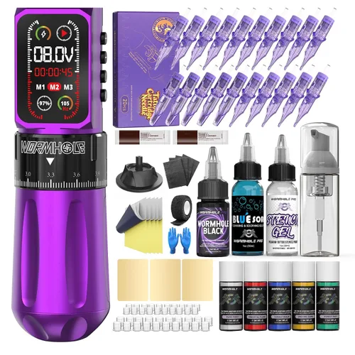 Vista 10 de Kit de pistola de tatuaje inalámbrico de agujero de gusano con batería dual Dorado (Gold 2)