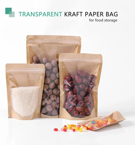 Vista 2 de 50 bolsas de papel kraft con ventana frontal transparente, bolsas resellables verticales con cierre hermético, bolsas de almacenamiento