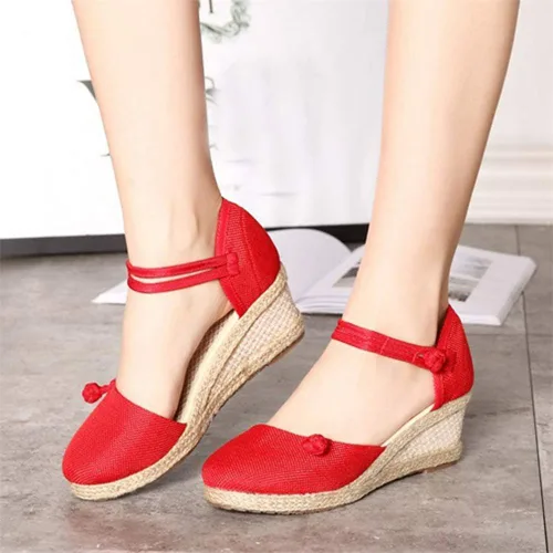 Vista 5 de Aniywn Sandalias de cuña retro con punta cerrada para mujer con correa de hebilla alpargatas para mujer