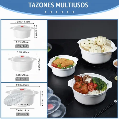 Vista 7 de Tazones para microondas de 3 piezas con tapas, aptos para microondas, platos aptos para microondas para calentar alimentos, artículos esenciales