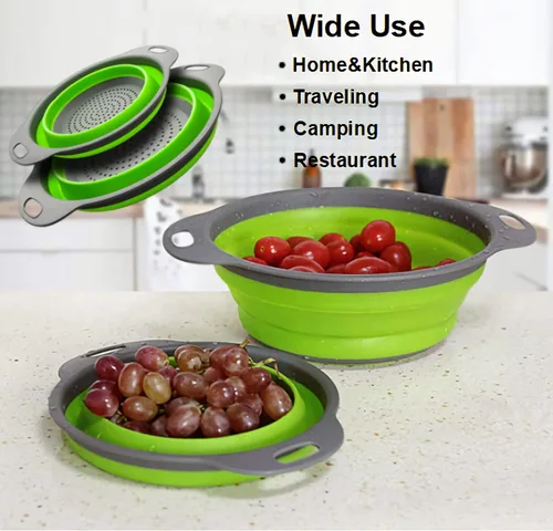 Vista 6 de Juego de coladores plegables, filtro de cocina de silicona de grado alimenticio, colador de cocina con asas extensibles para drenar pasta, verduras