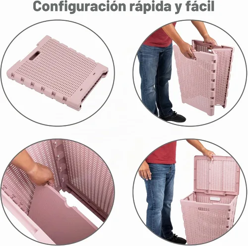 Vista 4 de [Usado] Mind Reader Cesta plegable para ropa sucia de 61 litros, cesta de ropa, tapa, diseño de mimbre, plástico, 18 pulgadas de largo x 14.5 Rosa