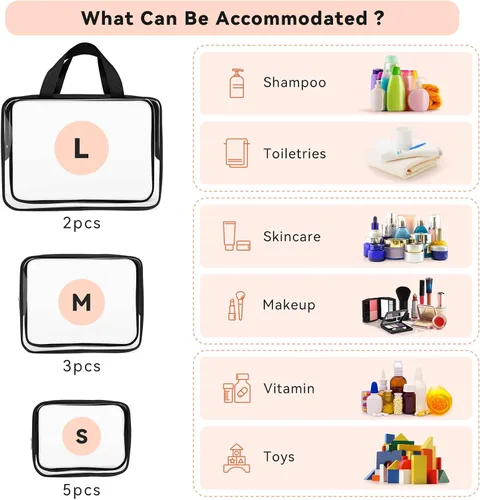 Vista 3 de TISRATOK Neceser de maquillaje transparente de viaje de 10 piezas, plástico PVC cosmético aprobado por la TSA Kit organizador con bolso con Negro