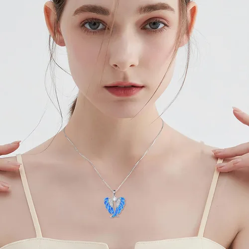 Vista 6 de YFN Collar de alas de ángel de plata de ley 925 con colgante de alas de ángel guardián collar de piedra natal para mujeres y niñas joyería de Navidad