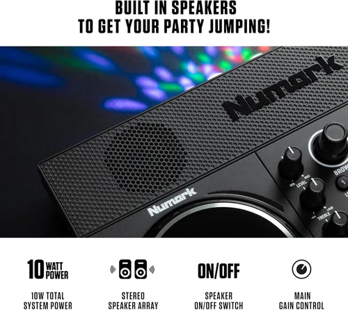 Vista 3 de Numark Party Mix Live DJ Controller con altavoces, luces, 2 cubiertas, mezclador, interfaz de audio y Serato Lite