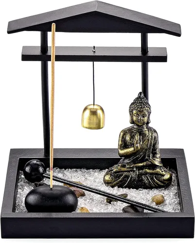 Vista 6 de Jovivi set de jardín zen con estatua de Buda, 2 portavelas de té de loto, mazo y rocas y cristales y quemador de incienso con soporte para varillas