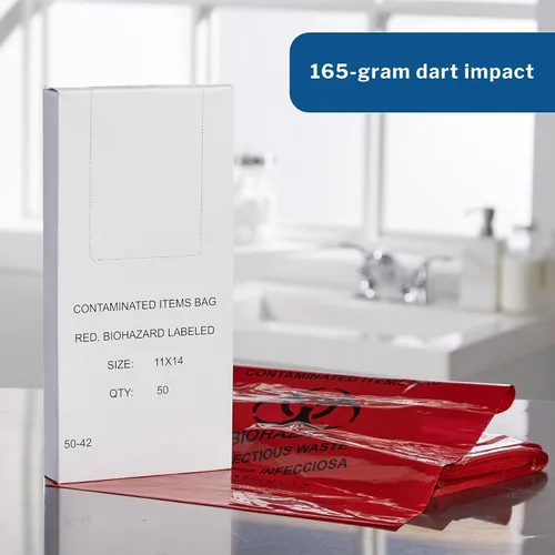 Vista 7 de McKesson Bolsa de basura infecciosa, riesgo biológico, fondo sellado con estrellas, rojo, 1.5 mil, 1 a 3 galones, 11 x 14 pulgadas, 50