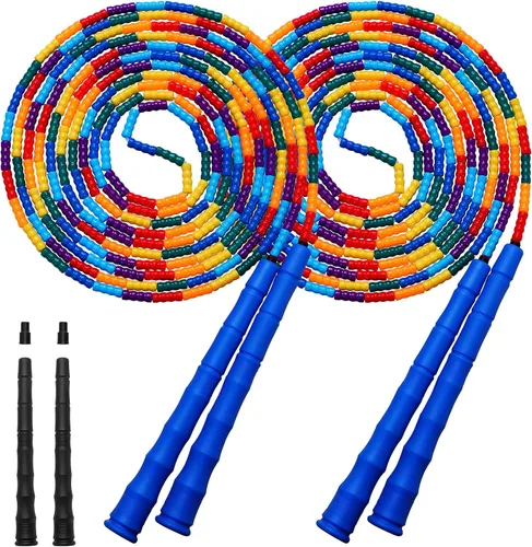 Vista 6 de Cuerda de saltar doble holandesa larga de 16 pies, 1 paquete/2 unidades, cuerda de saltar ajustable suave con cuentas para niños y adultos, lo