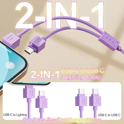 Vista 2 de Vofolen 2 en 1 USB C a USB C/Cable de iluminación para iPhone 17 16 15 14
