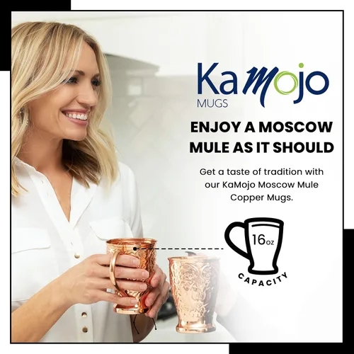 Vista 2 de Kamojo Juego de 2 tazas de cobre con diseño único hecho a mano en relieve con revestimiento antideslustre de grado alimenticio, juego de regalo