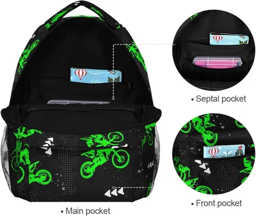 Vista 7 de Mochila para niños todoterreno con múltiples bolsillos de gran capacidad, bolsa escolar con etiqueta de nombre, 1616.9 pulgadas, Verde, Mochilas