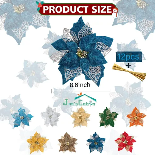 Vista 2 de Jim's Cabin Paquete de 12 flores de Pascua artificiales con purpurina para adornos de árbol de Navidad, mariposas y decoraciones doradas (azul)