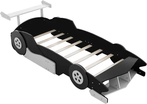 Vista 5 de Cama de plataforma en forma de auto de carreras de tamaño individual con ruedas, plataforma de madera con soporte de listones resistentes y rieles