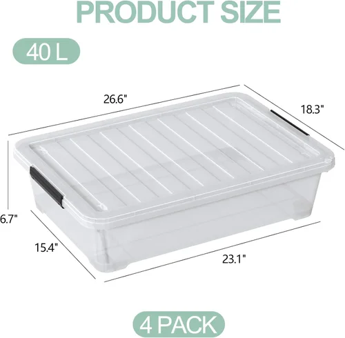 Vista 2 de Hespama Contenedor de plástico de 40 cuartos de galón con ruedas, 4 paquetes de caja de almacenamiento grande con pestillo, transparente Large